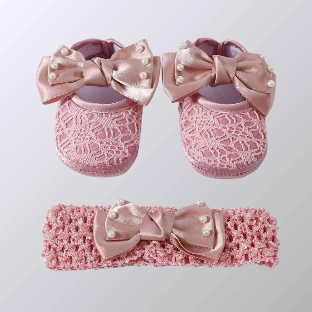 Cute Baby Girl Shoes with Matching Headband – Soft Comfortable Anti-Slip Sole Stylish Newborn & Toddler Set
